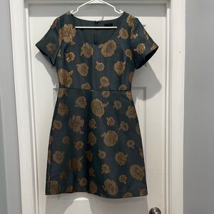 Ann Taylor Teal Dress with Gold Leaf Pattern